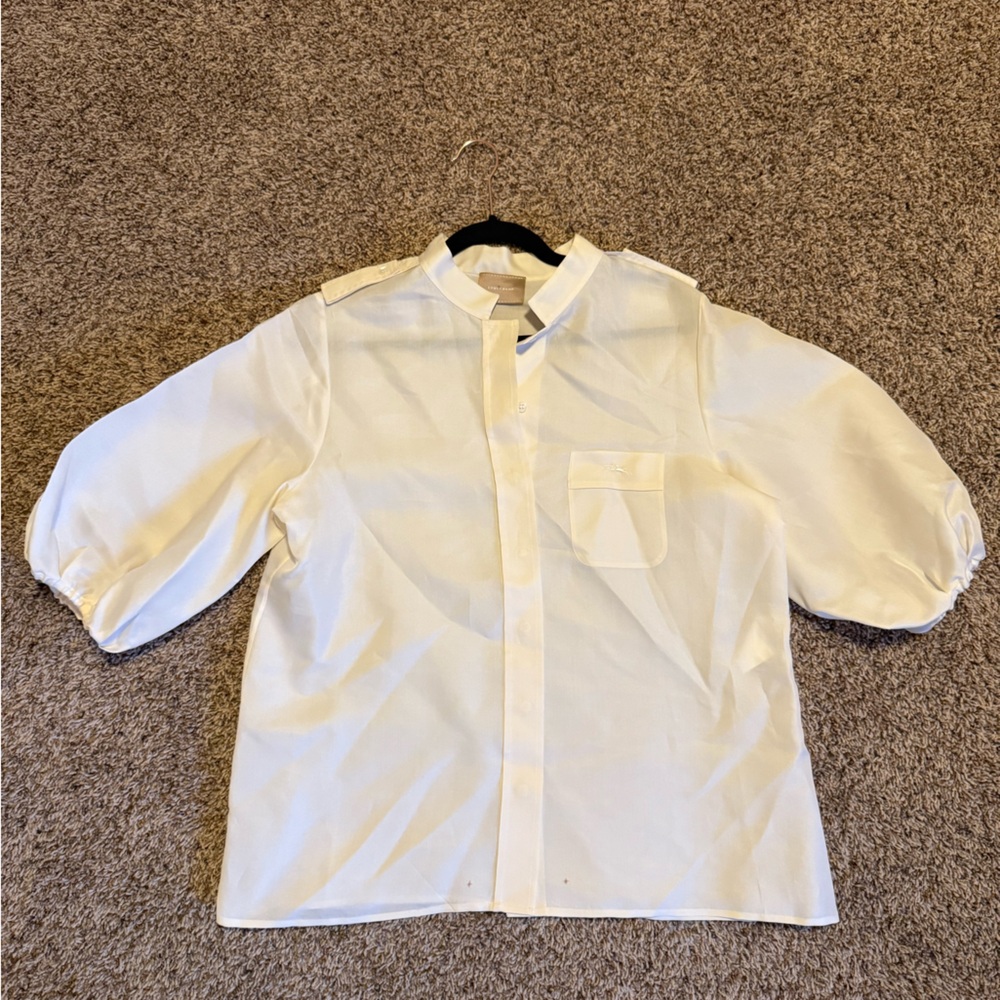 Longchamp white button down ruffle blouse - 100% silk